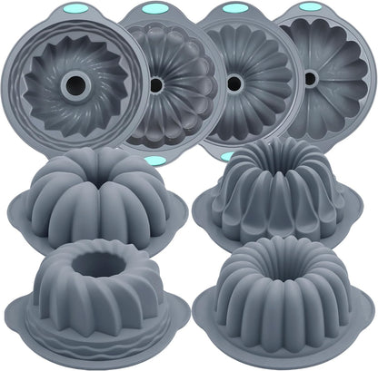 Tongjude Silicone Fluted Tube Cake Pans - 4 Pieces Non-Stick Baking Molds for Cakes, Jello & Bread | 10 Cups, Grey