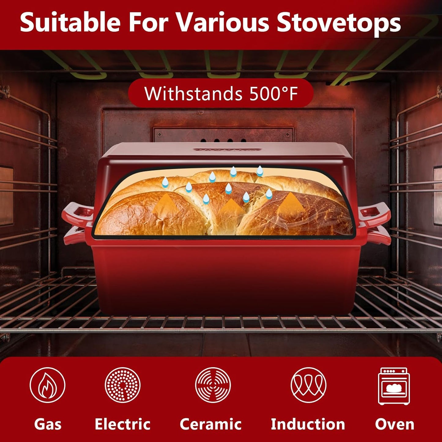 Wildone Enameled Cast Iron Bread Loaf Pan - 9x5 Sourdough Baking Set with Lid, Even Heating, Red