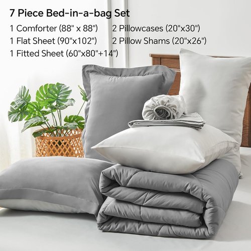 BEDELITE Queen Comforter Set - 7-Piece Reversible Grey Microfiber Bedding Set for Year-Round Comfort