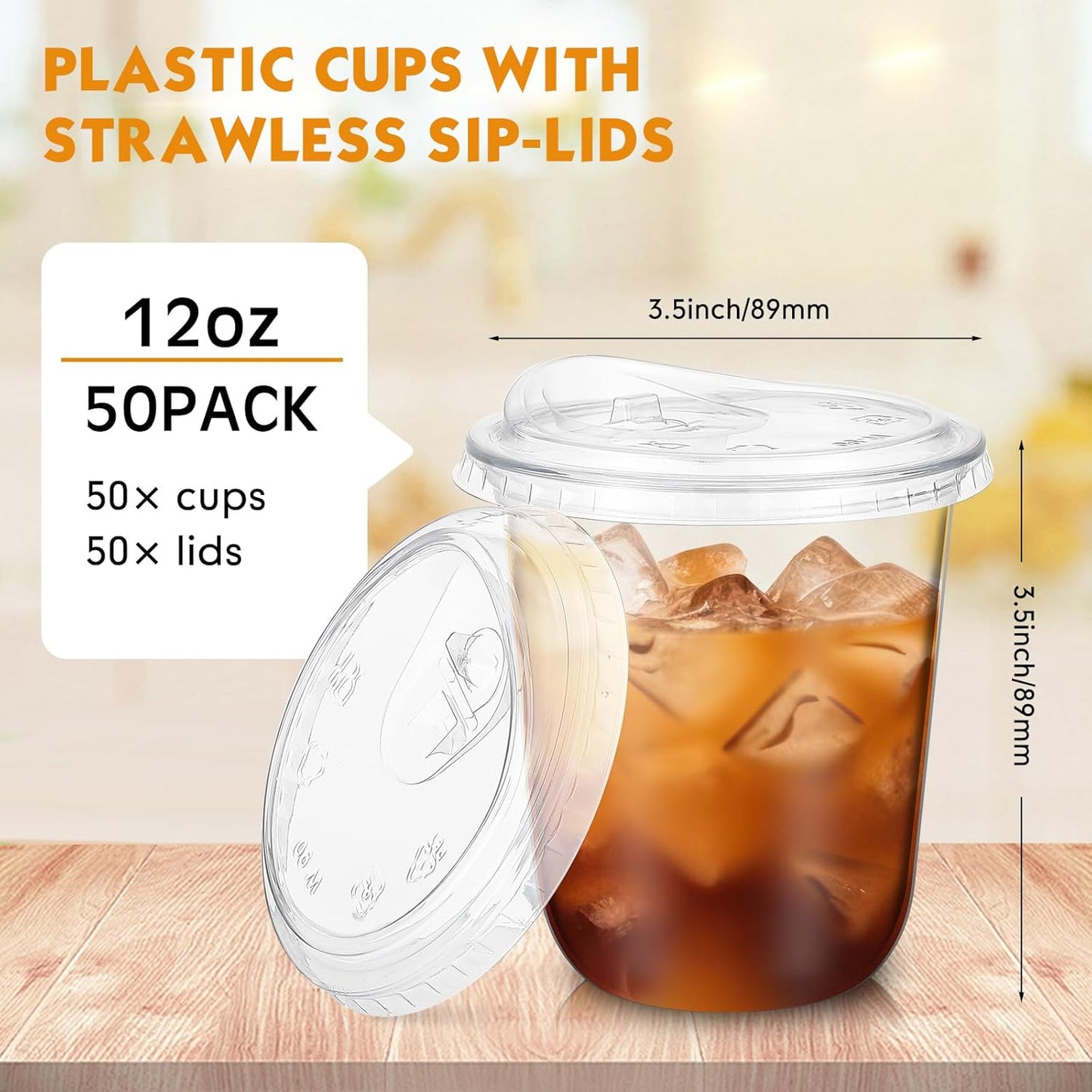 Ziliny 12 oz Clear Plastic Cups - Thickened Disposable PET Cups with Strawless Sip Lids | Perfect for Iced Coffee, Smoothies, and Parties