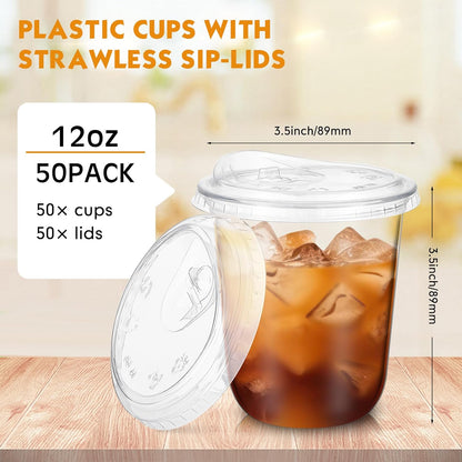Ziliny 12 oz Clear Plastic Cups - Thickened Disposable PET Cups with Strawless Sip Lids | Perfect for Iced Coffee, Smoothies, and Parties