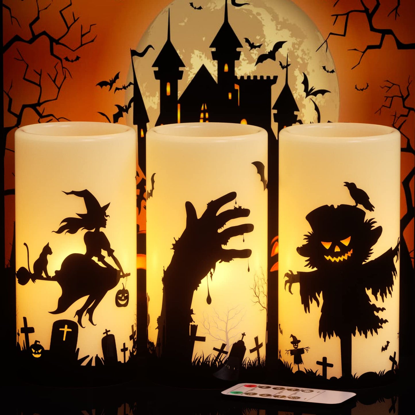 GenSwin Halloween Flameless Flickering Candles with Witch, Scarecrow, Blood Hand Decals with Remote Timer, Battery Operated Real Wax Halloween LED Candles Horror Spooky Decoration(3” x 6”, Set of 3)