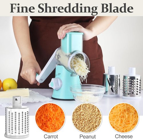 Cambom Rotary Cheese Grater - Hand Crank Shredder for Fresh Cheese, Veggies & Nuts | Non-Slip Base, 5 Blades, Blue