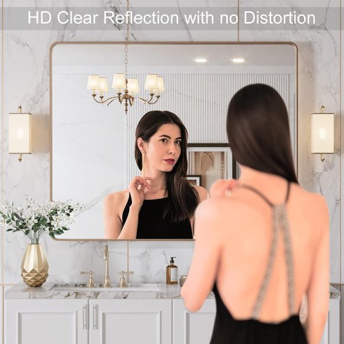 LOAAO Gold Bathroom Mirror - Rounded Rectangle Design with Anti-Rust Tempered Glass | 40" x 32" Wall-Mounted