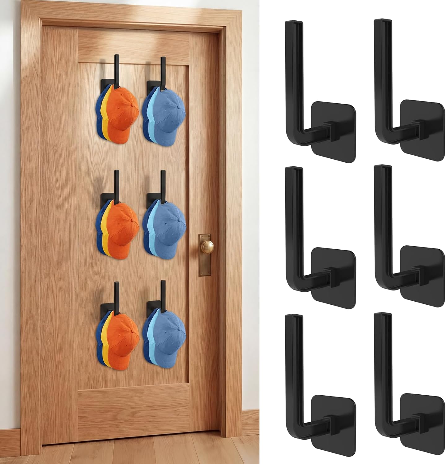 Skiennix Hat Hooks - Strong Adhesive Over The Door Organizer | 6 Pack Black Baseball Cap Holders