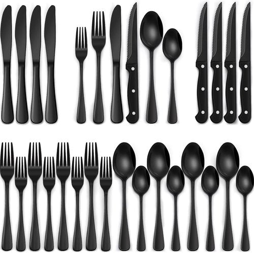 EWFEN 24-Piece Black Silverware Set - Food-Grade Stainless Steel Flatware for 4 with Steak Knives