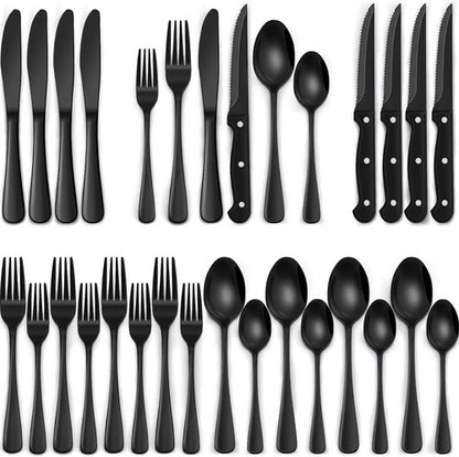 EWFEN 24-Piece Black Silverware Set - Food-Grade Stainless Steel Flatware for 4 with Steak Knives