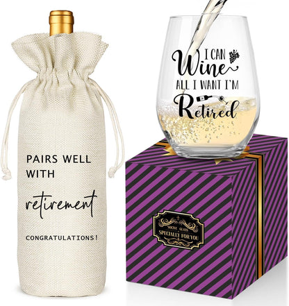 Retirement Gifts for Women Men, Funny Retirement Wine Glass and Wine Bag Set, Best Retired Gifts for Friends Cowkers Doctors Nurses Teachers Boss-PAIRS WELL WITH RETIREMENT (Retired-Beige)