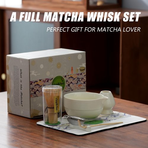 Clay&Fire Matcha Whisk Set, Ceramic Matcha Set, Matcha Bowl with Spout and Whisk,9 pcs Matcha Tea Kit for Matcha Lovers, Ideal Gift Christmas, Birthday（Beige）