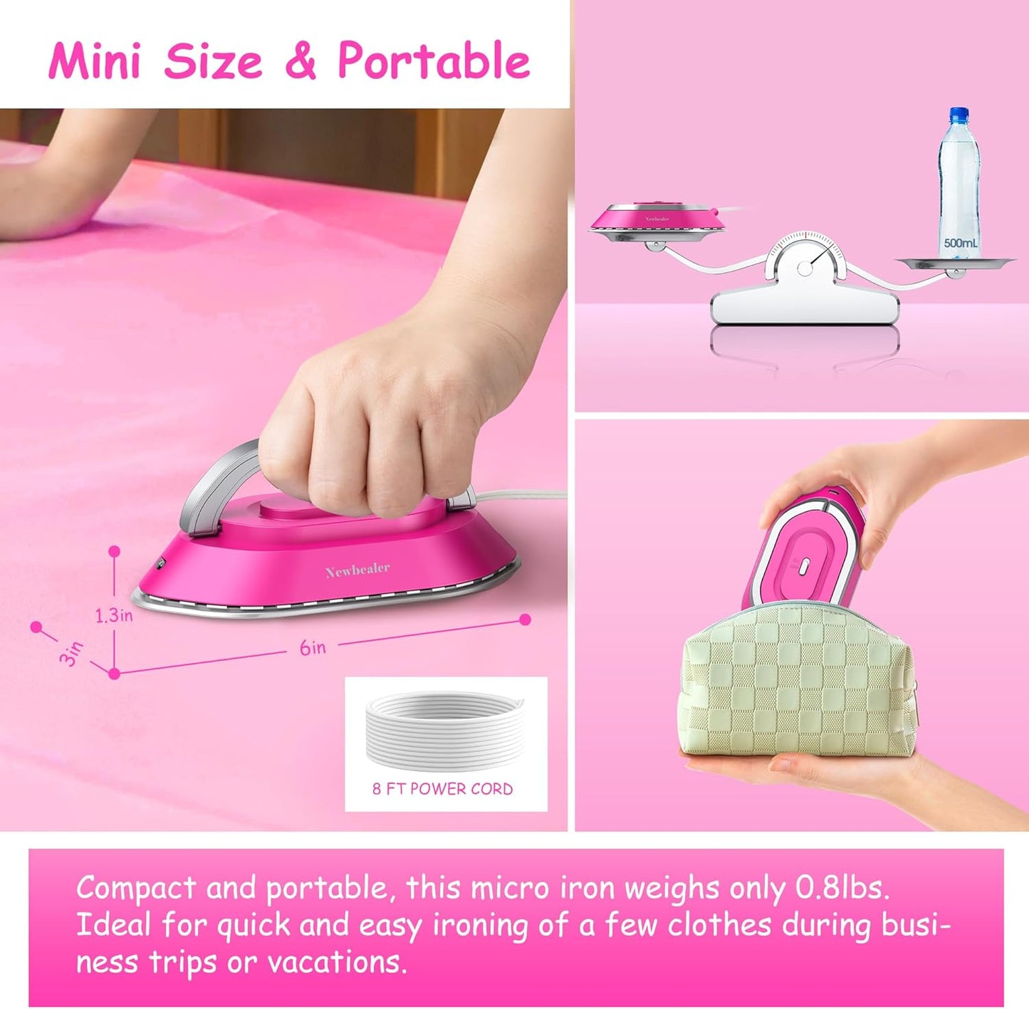 Newbealer Travel Iron - Mini Dry Iron with Global Voltage, 100-240V, 300W, Non-Stick Soleplate | Hot Pink, Ultra-Lightweight