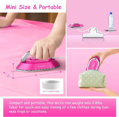 Newbealer Travel Iron - Mini Dry Iron with Global Voltage, 100-240V, 300W, Non-Stick Soleplate | Hot Pink, Ultra-Lightweight