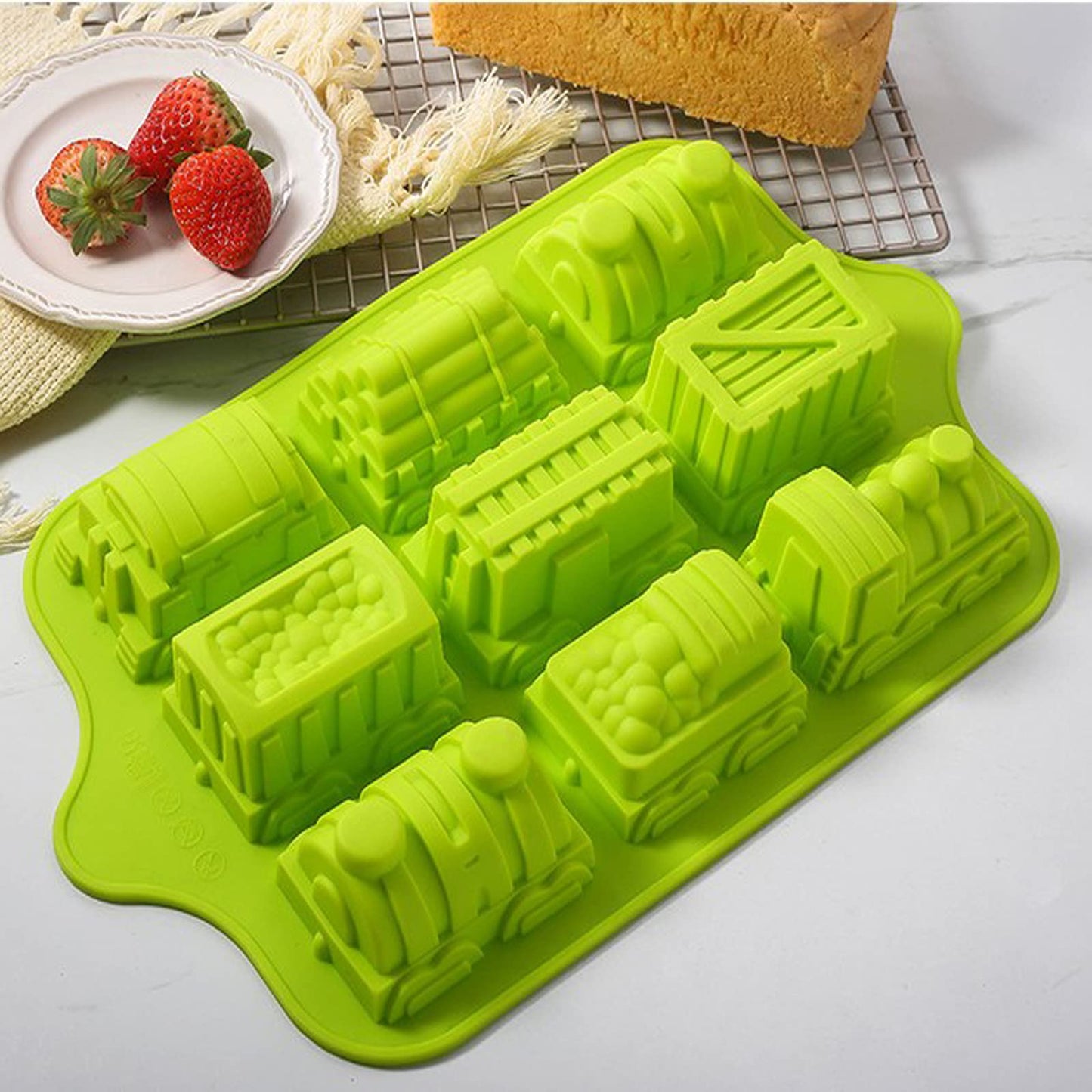 Joyeee Silicone Train Cake Mold, 1 Pcs 9 Cavity Non-stick Train Cake Pan Baking Mold for Soap, Wafer, Pastry, Tart, Pie, Flan, Dough, Chocolate Cake, Crayon, Silicone Soap Mold Kids Shower Supplies