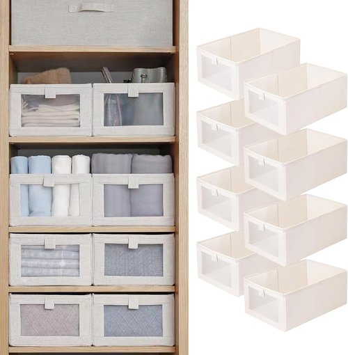 Linen Closet Organizers - 8 Pack Foldable Storage Bins with Clear Window for Clothing & Jeans