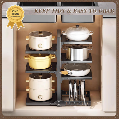 XPIY Pots and Pans Organizer under Cabinet, Cutting Board Pot Lid Storage Rack with 7 Adjustable Tiers and 10 Storage Units, Pan Holder under Sink, 25% Thicker Kitchen Metal Heavy Duty Pan Organizer