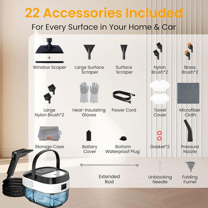 Skiennix Pressurized Steam Cleaner - 1.6L Handheld Steamer with 3-Level Adjustment & 2500W Power | 22-Piece Accessory Set for Home, Car & Multi-Surface Cleaning
