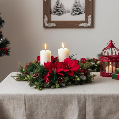 Kathfly 20" Christmas Poinsettia Centerpiece - Elegant Holiday Table Decoration with Candle Holders & Red Flowers