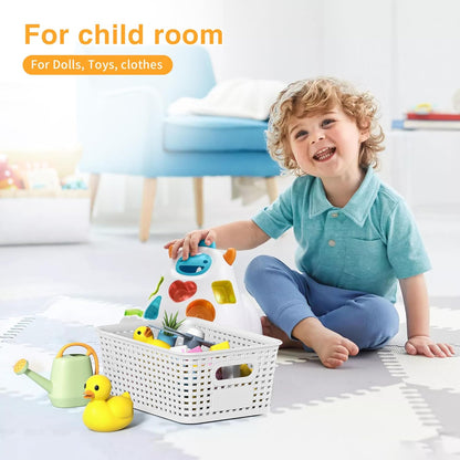 White Plastic Storage Baskets by [Brand Name] - Durable Stackable Bins with Labels | Pack of 8 for Organizing Desktops, Closets, and More