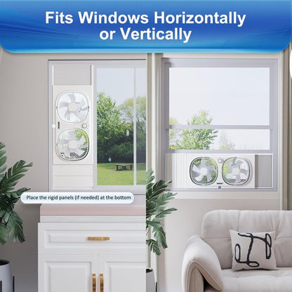 shinic 9" Twin Window Fan with 180°+90° Rotatable Fans, 2-Speeds, Vertical Window Fan with Rigid & Accordion Expanders, Width Adjustable (21.65" to 33.27"), Ideal for Home, Kitchen, Bedroom, Office