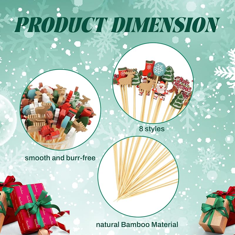 Christmas Theme Cocktail Picks 100 Pcs Bamboo Toothpicks 4.7" - Snowman, Tree & Santa