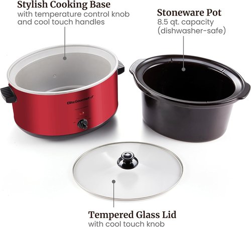 Elite Gourmet MST-900RXT Electric Ceramic Slow Cooker - 8.5Qt, Adjustable Temp, Dishwasher Safe, Metallic Red