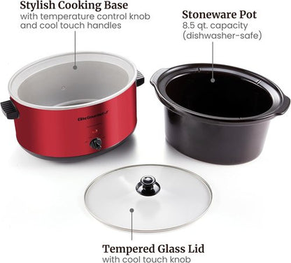 Elite Gourmet MST-900RXT Electric Ceramic Slow Cooker - 8.5Qt, Adjustable Temp, Dishwasher Safe, Metallic Red