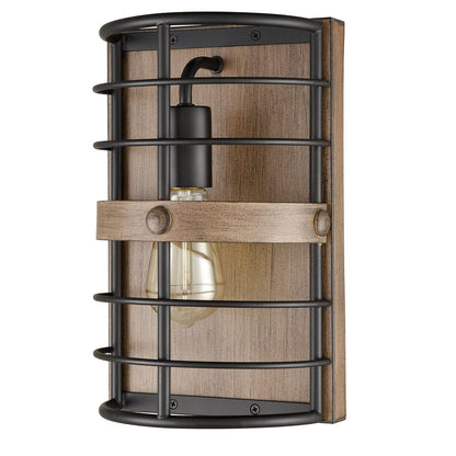 HYDELITE Farmhouse Wall Sconce Black Wall Light Cage with Wood Grain Finish 1-Light