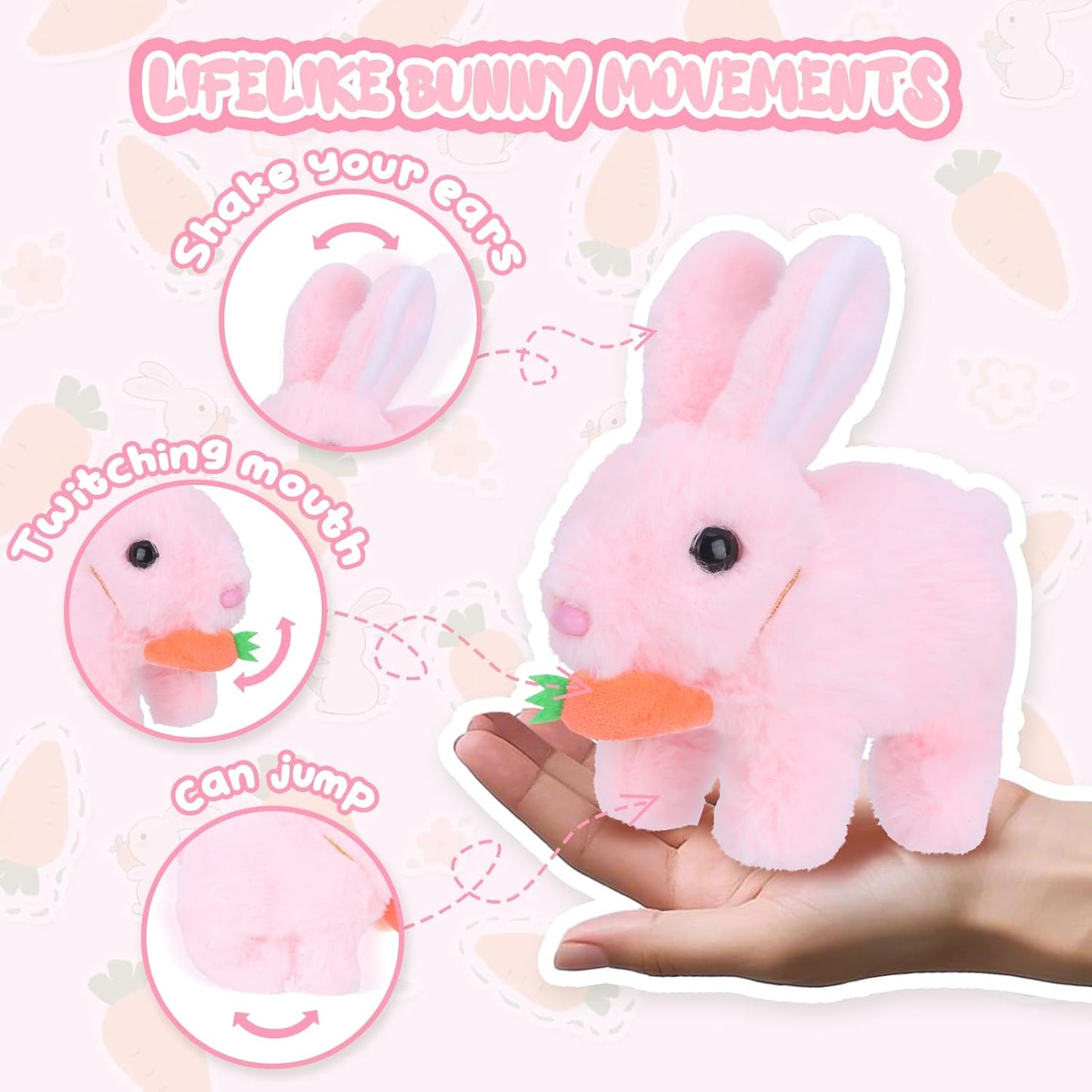 RichRabbit Bunby - Interactive Realistic Bunny Toy with Jumping & Twitching Ears | Pink