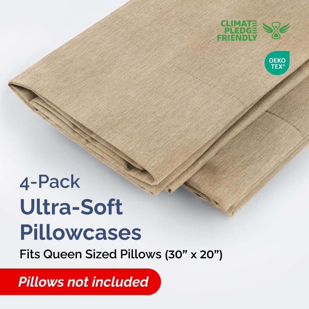 Skiennix Queen Pillow Cases Set of 4 - Ultra Soft Hotel Quality - Wrinkle Free & Fade Resistant - Heathered Tan