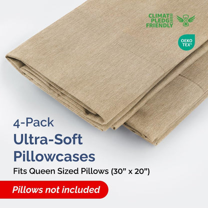 Skiennix Queen Pillow Cases Set of 4 - Ultra Soft Hotel Quality - Wrinkle Free & Fade Resistant - Heathered Tan