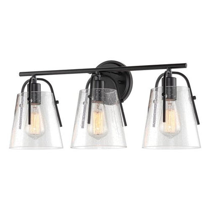 Kira Home Branson 22" 3-Light Modern Farmhouse Vanity/Bathroom Light + Seeded Glass Cone Shades, Black Finish