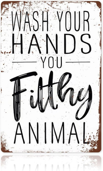 Funny Bathroom Wall Decor - 'Wash Your Hands You Filthy Animal' Metal Sign | 8x12 Inches Humor Gift