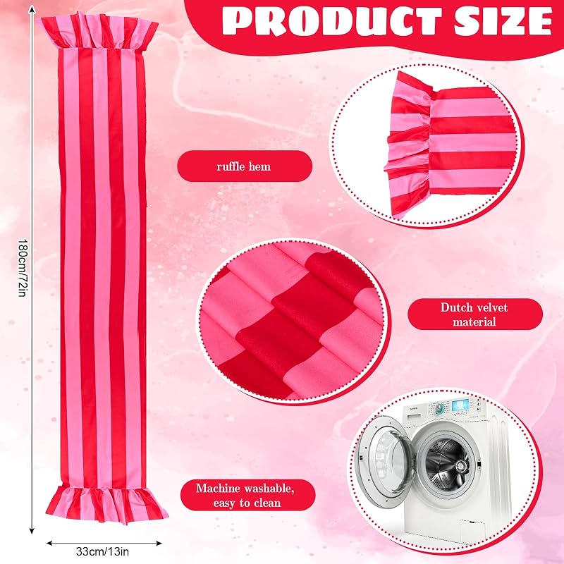 Ruffle Table Runner 13x72 inch - Boho Pink Red Striped Decorative Home Wedding Party