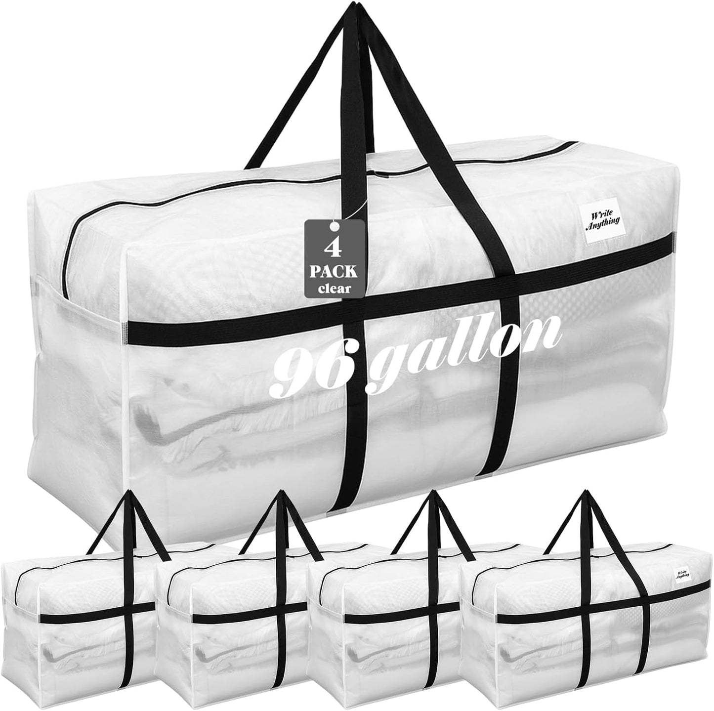 Skiennix 96 Gallon Extra Large Moving Bags - Heavy Duty Storage Tote with Strong Zipper Handle | Clear, Foldable Design