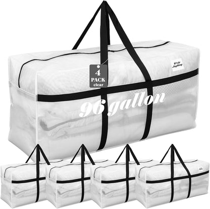 Skiennix 96 Gallon Extra Large Moving Bags - Heavy Duty Storage Tote with Strong Zipper Handle | Clear, Foldable Design