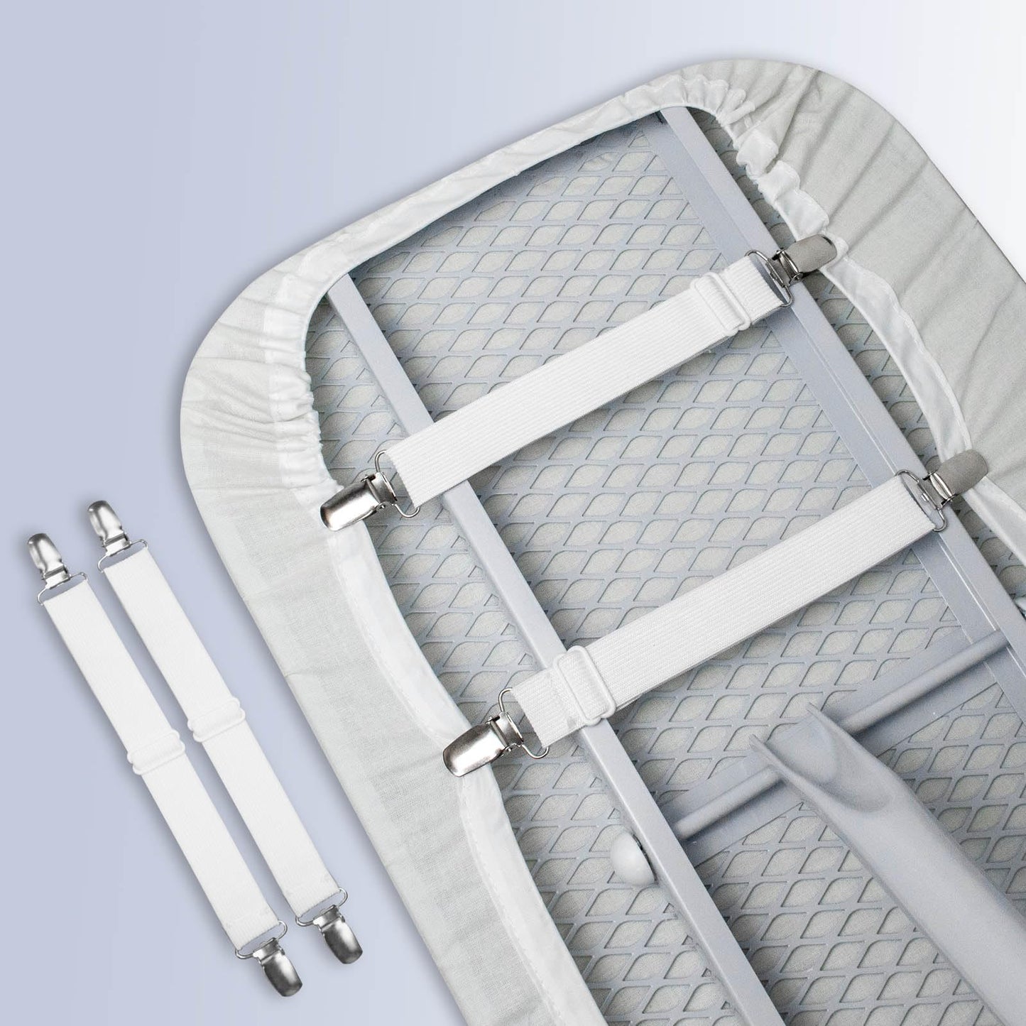 VividPaw Ironing Board Cover Clips and Fasteners, Set of 4, Anti-Slip Straps for Secure and Tight Fit, Wrinkle-Free Iron Covers, Sheet Suspenders Clip for Bed, Sofa, Adjustable Length (White)