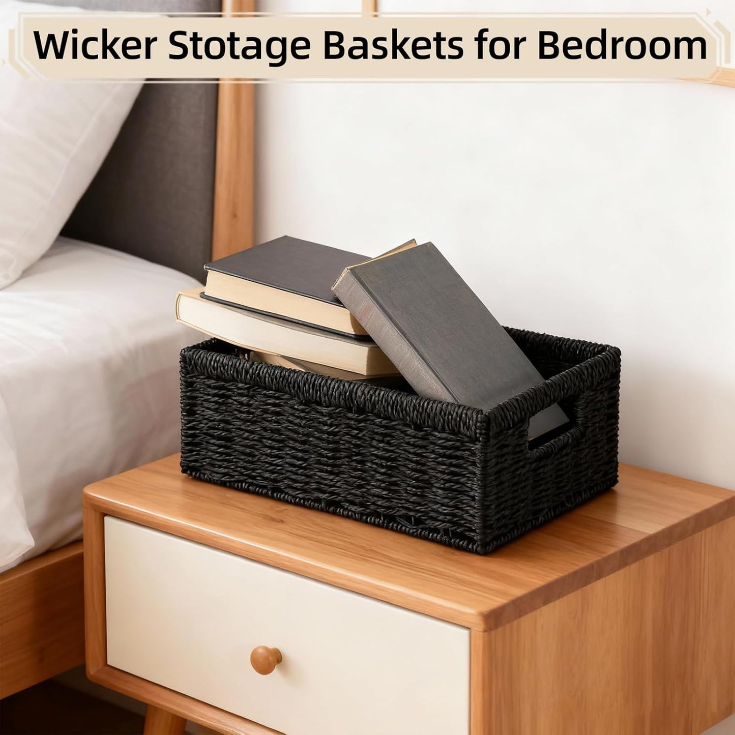 Paper Rope Storage Basket - 2 Pack Foldable Wicker Bins with Handles | Large Decorative Organizers for Bathroom