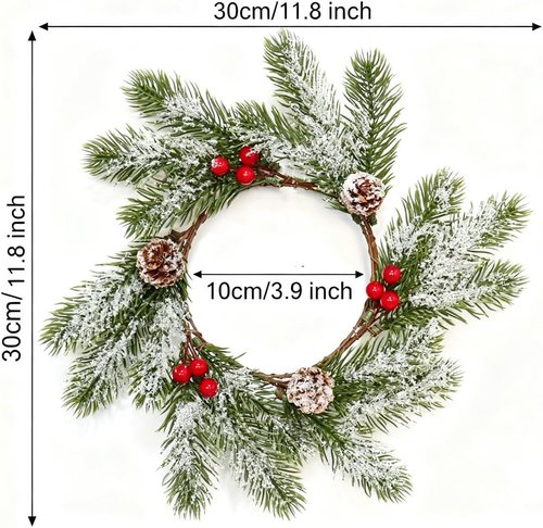 Frosted Pine Garland Candle Rings by 2 Pcs | Mini Artificial Wreaths with Red Berries & Pinecones - 11 Inch Xmas Decor