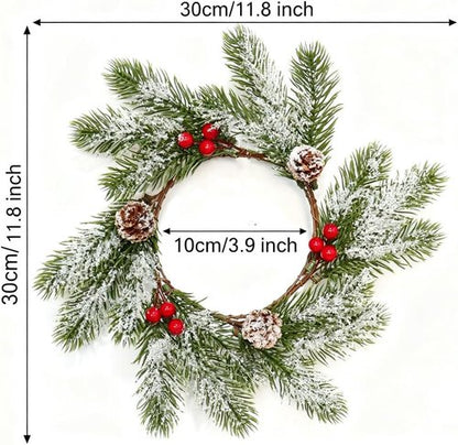 Frosted Pine Garland Candle Rings by 2 Pcs | Mini Artificial Wreaths with Red Berries & Pinecones - 11 Inch Xmas Decor