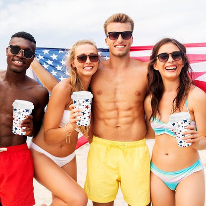 FYSUIMU 50Pcs 16Oz Patriotic Disposable Coffee Cups with Lids - Red & Blue Star Design for 4th of July Celebrations