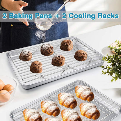 P&P CHEF 16-Inch Stainless Steel Baking Sheet Set - Includes 2 Pans & 2 Cooling Racks, Oven & Dishwasher Safe