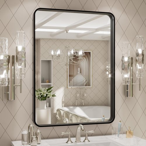 LOAAO 24X32 Inch Black Metal Framed Bathroom Mirror for Wall, Matte Black Bathroom Vanity Mirror Farmhouse, Large Rounded Rectangle Mirror, Anti-Rust, Hangs Horizontally or Vertically