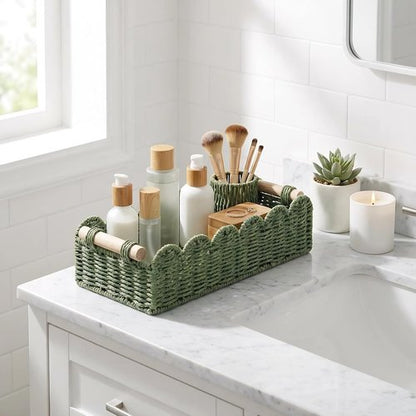 CubesLand Scalloped Edge Decor Baskets - Stylish Storage for Home | Set of 2 Green Paper Rope Baskets