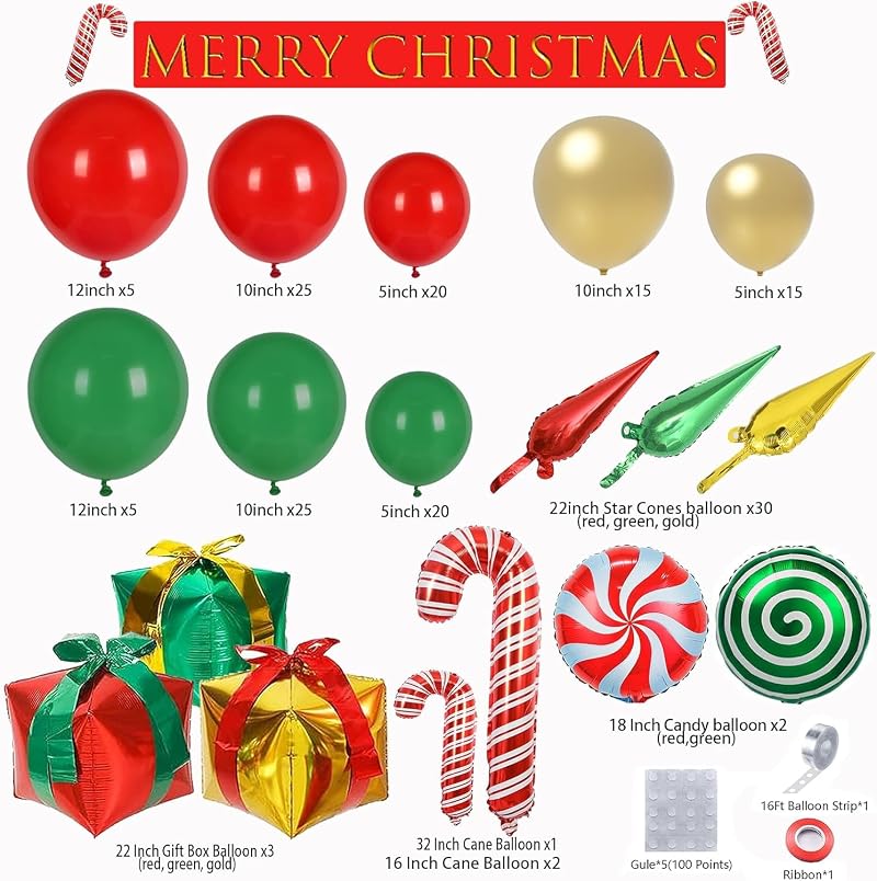 Christmas Balloon Garland Arch Kit - Red, Green & Gold Party Decor