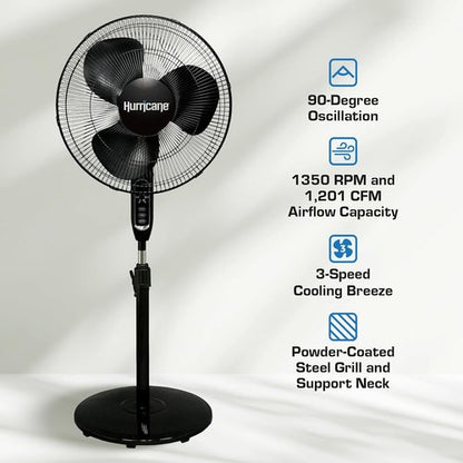 Hurricane Supreme Oscillating Pedestal Stand Fan with 3 Quiet Speeds, Black, 16" - Corded Electric Air Cooling Unit with Remote Control & Adjustable Height for Home, Apartment, Workshop or Office