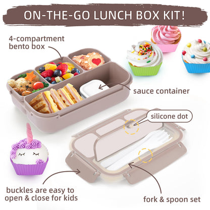 QQKO Bento Box Adult Lunch Box, Lunch Containers for Adults Men Women, Kids Lunch Boxes for School with 4 Compartments, Sauce Container, Utensils and Muffin Cups, Brown