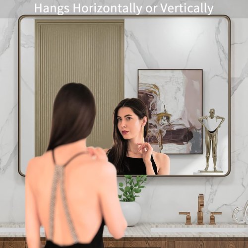 LOAAO Bronze Bathroom Mirror - 40”X30” Rounded Rectangle with Anti-Rust Brushed Metal Frame | Versatile Hanging Options