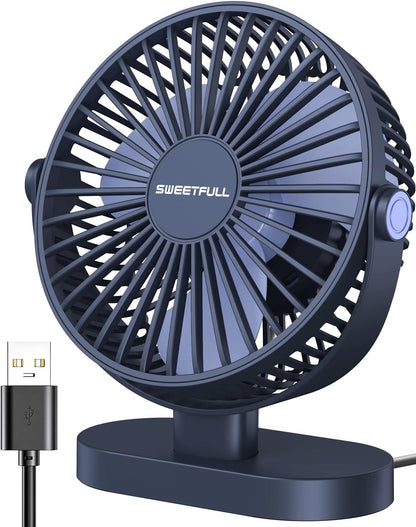 Sweetfull Small USB Desk Fan - 3-Speed Portable Mini Fan with 360° Adjustment | Quiet Operation, Blue