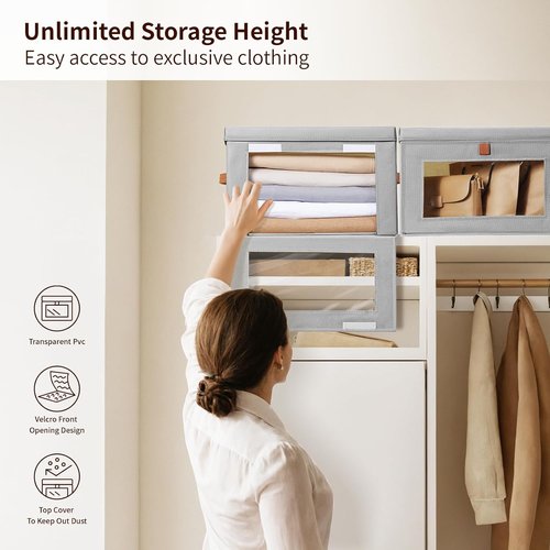 Homsorout Large Closet Storage Organizer - Collapsible Fabric Bins with Handles & Window, Grey | 2 Pack