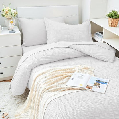 HYMOKEGE Twin XL Comforter Set - 5-Piece Seersucker Luxury Bedding Set for All Seasons | White