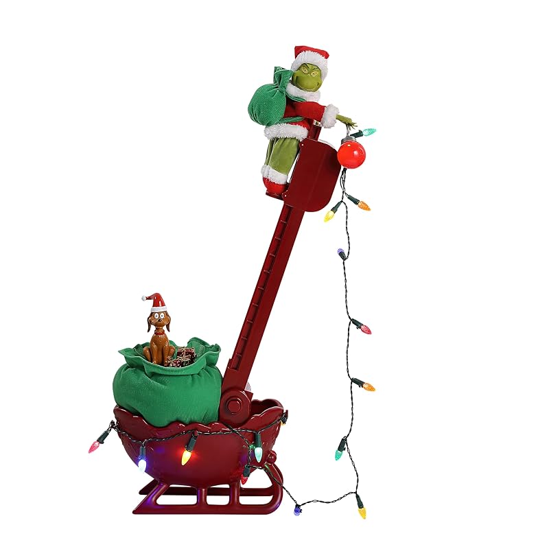 Grinch Animated Utility Sleigh with Ladder, LED Lights & Max the Dog – 34.5" Holiday Decoration